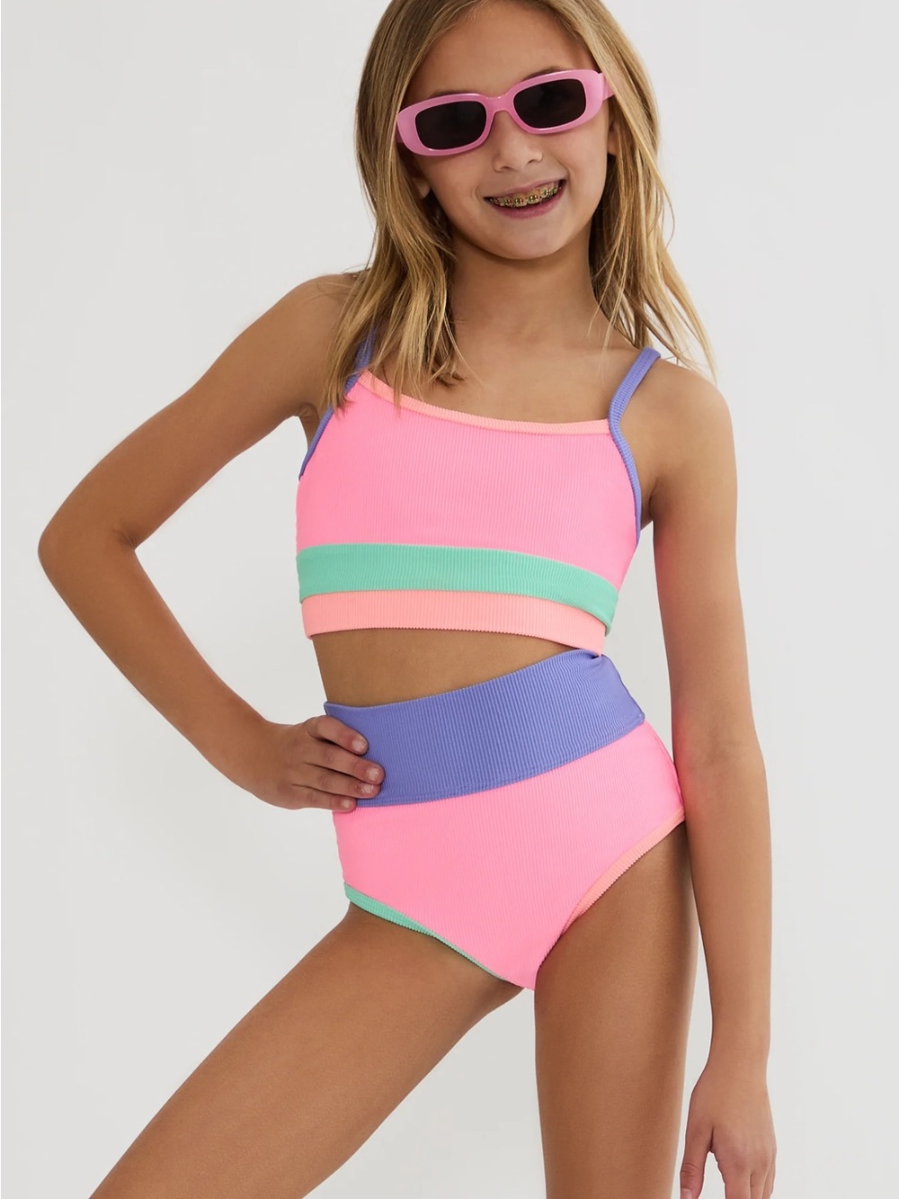 Beach Riot Girls' Pink Mint Lavender Colorblock Bikini